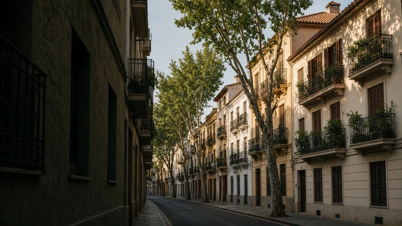 Comunidad de vecinos en España: fachadas con persianas de madera, balcones de forja y tejado de teja