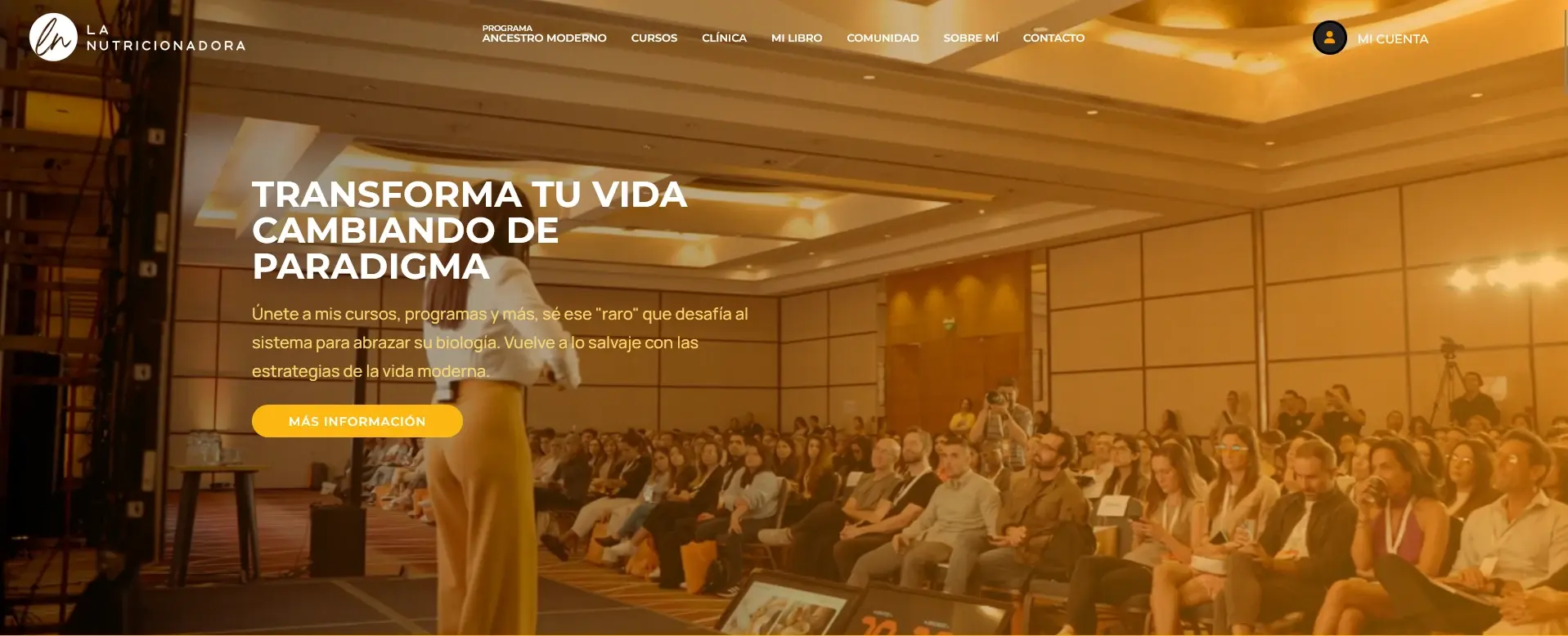 Diseño web corporativa de lanutricionadora.com: home con hero de conferencia y mensaje Transforma tu vida, por Wecomm
