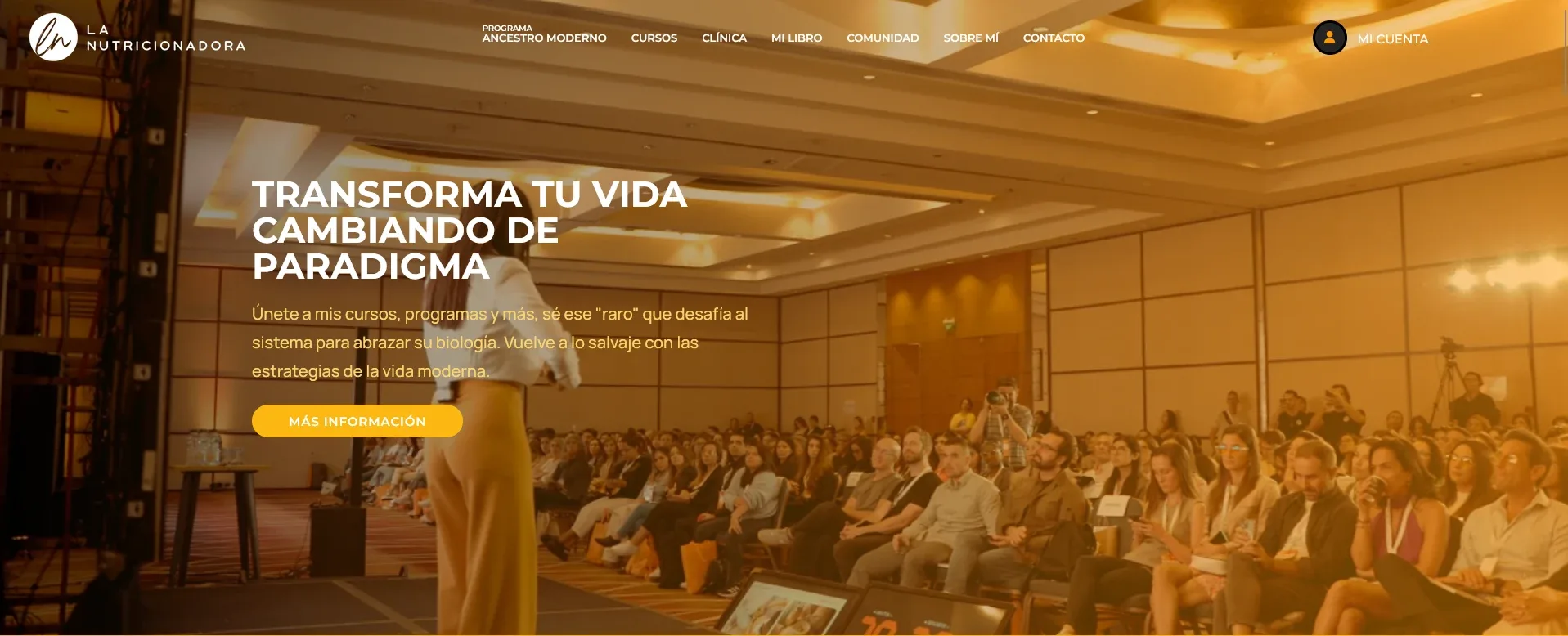 Diseño web corporativa de lanutricionadora.com: home con hero de conferencia y mensaje Transforma tu vida, por Wecomm