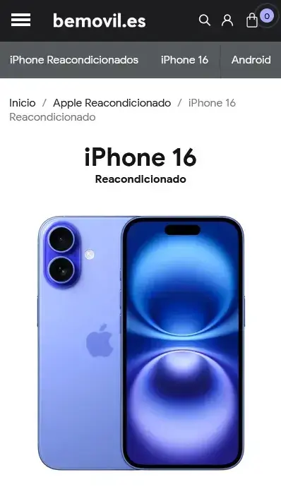 Tienda online bemovil.es en móvil: iPhone 16 reacondicionado, por Wecomm