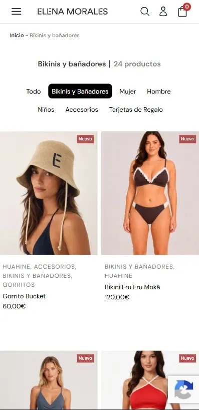 Tienda online Elena Morales en móvil: categoría Bikinis y bañadores en WooCommerce, por Wecomm