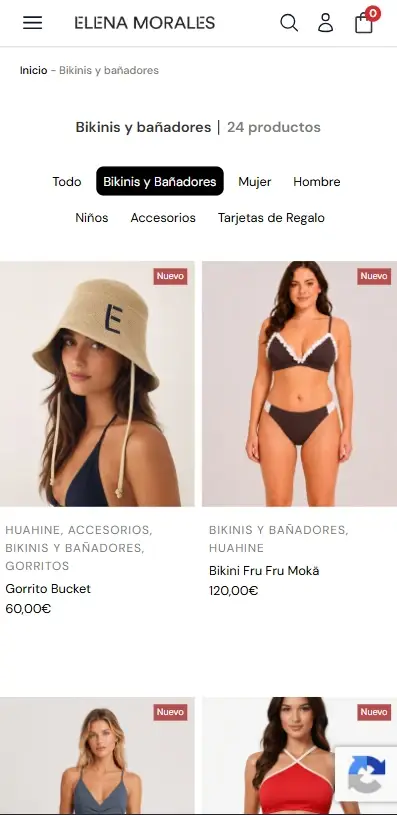 Tienda online Elena Morales en móvil: categoría Bikinis y bañadores en WooCommerce, por Wecomm