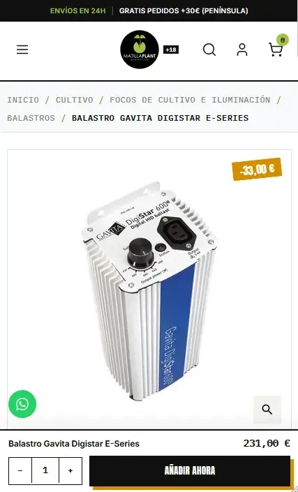 Tienda online matillaplant.com en móvil: ficha de balastro Gavita, por Wecomm