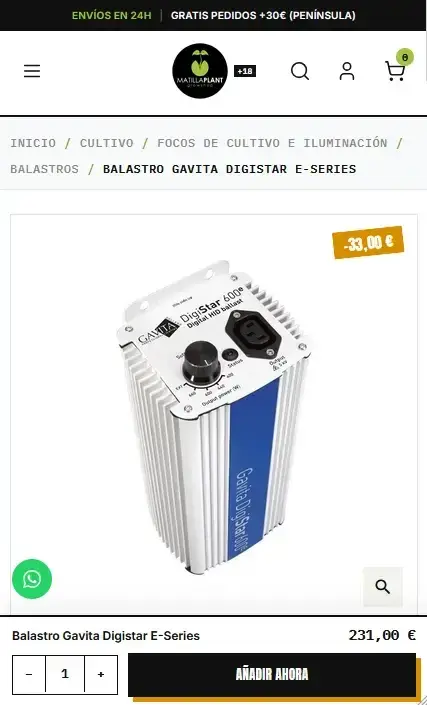 Tienda online matillaplant.com en móvil: ficha de balastro Gavita, por Wecomm