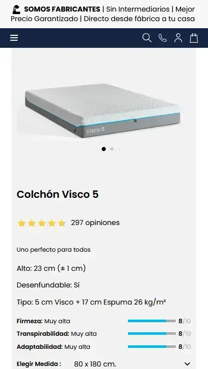 Tienda online topdormitorios.com en móvil: ficha del colchón Visco 5, por Wecomm