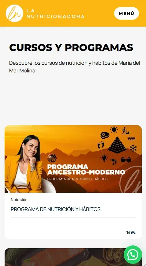 Diseño web corporativa de lanutricionadora.com en móvil: cursos y programas con cabecera ámbar, por Wecomm
