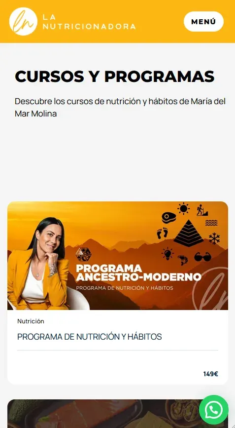 Diseño web corporativa de lanutricionadora.com en móvil: cursos y programas con cabecera ámbar, por Wecomm