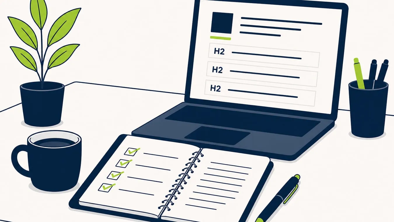 Portada del post sobre contenido SEO friendly con esquema visual de una estructura de artículo optimizado, incluyendo título, subtítulos, párrafos y elementos gráficos.