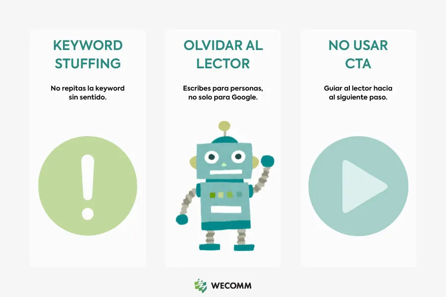 Lista visual de tres errores comunes al redactar contenido SEO friendly.
