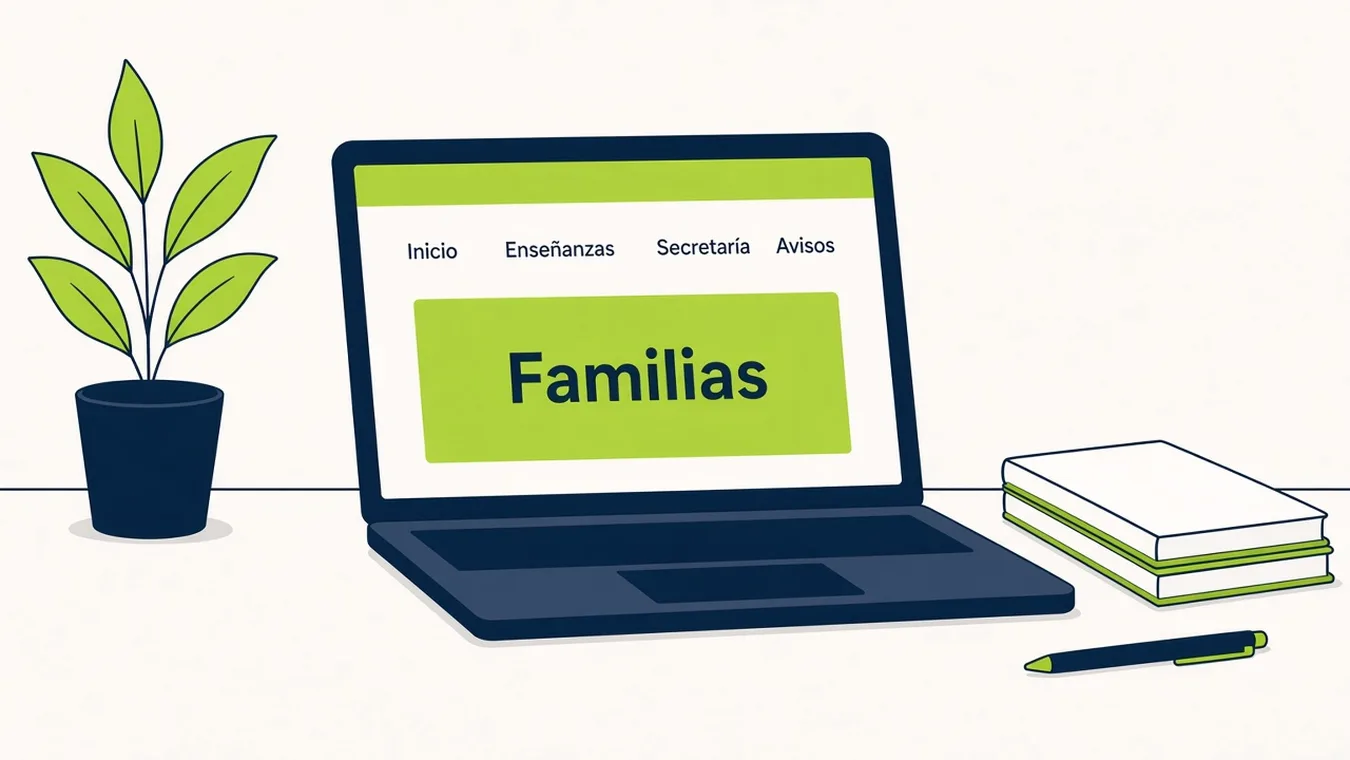Ilustración de un portátil con el menú de la web del centro y el bloque Familias