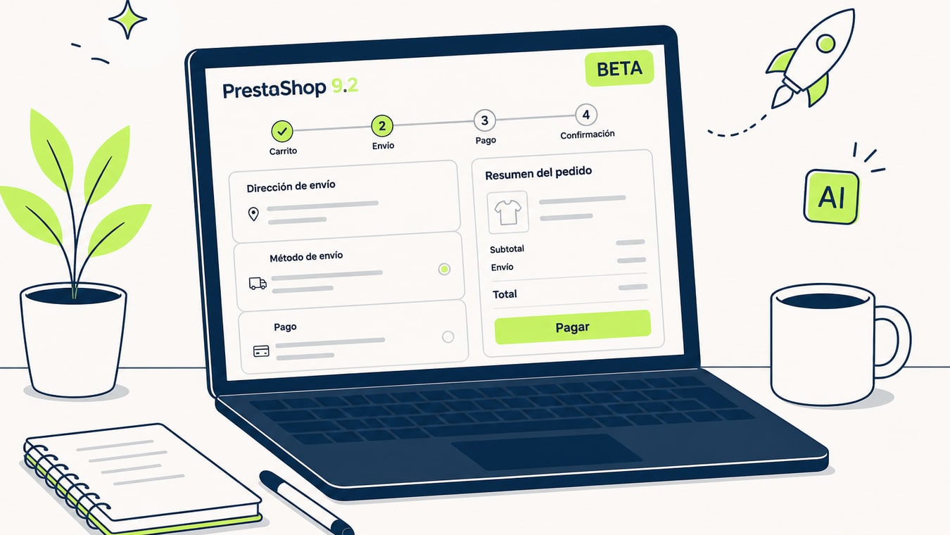 Ilustración de checkout en una página para PrestaShop 9.2 Beta