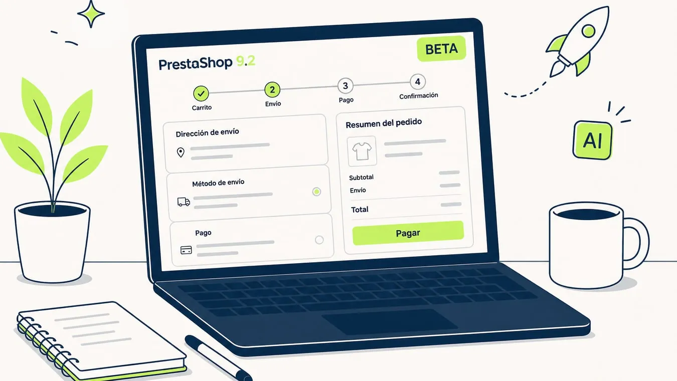 Ilustración de checkout en una página para PrestaShop 9.2 Beta