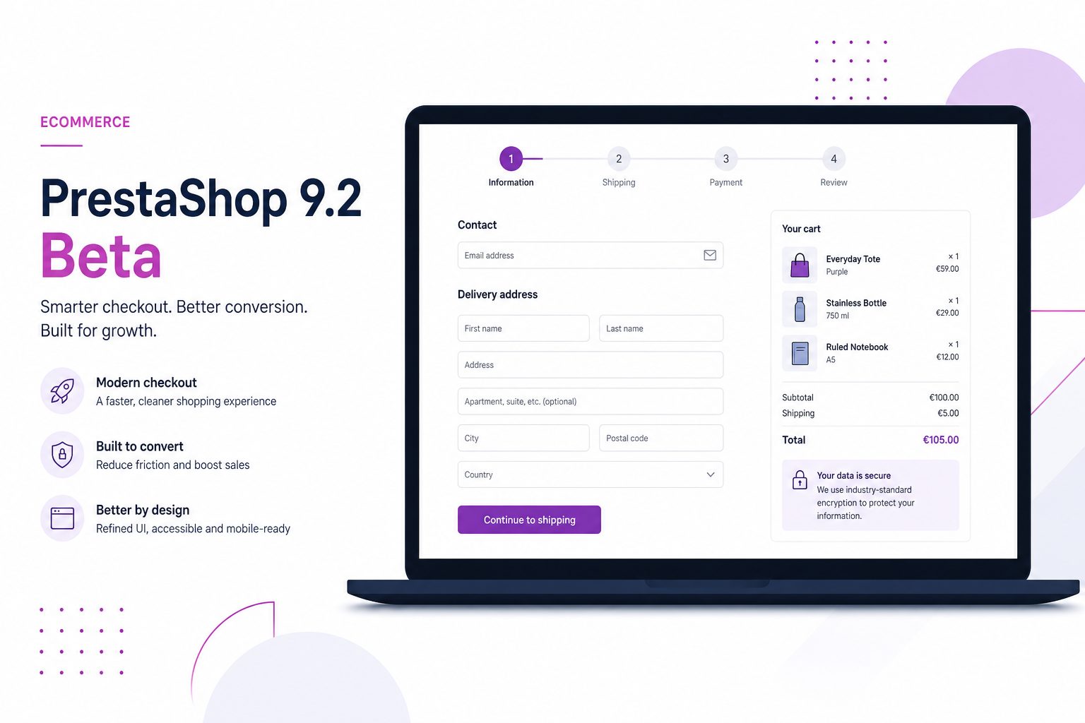Ilustración de checkout en una página para PrestaShop 9.2 Beta
