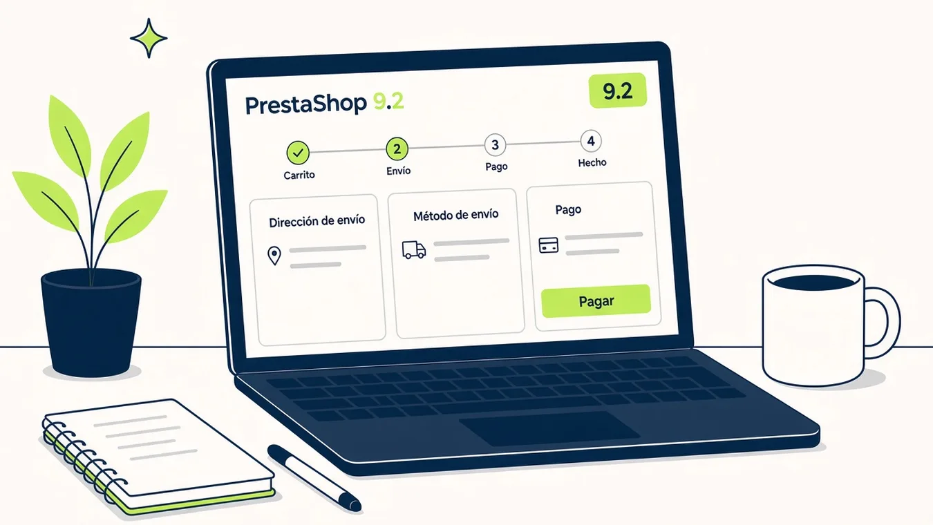 Ilustración de un portátil con el checkout de PrestaShop 9.2 en una sola pantalla