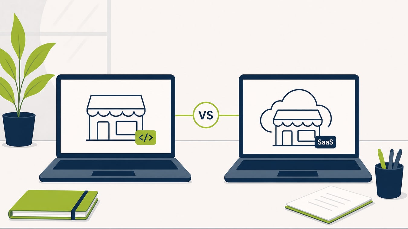Comparativa PrestaShop vs Shopify: dos portátiles en un escritorio con acento lima Wecomm