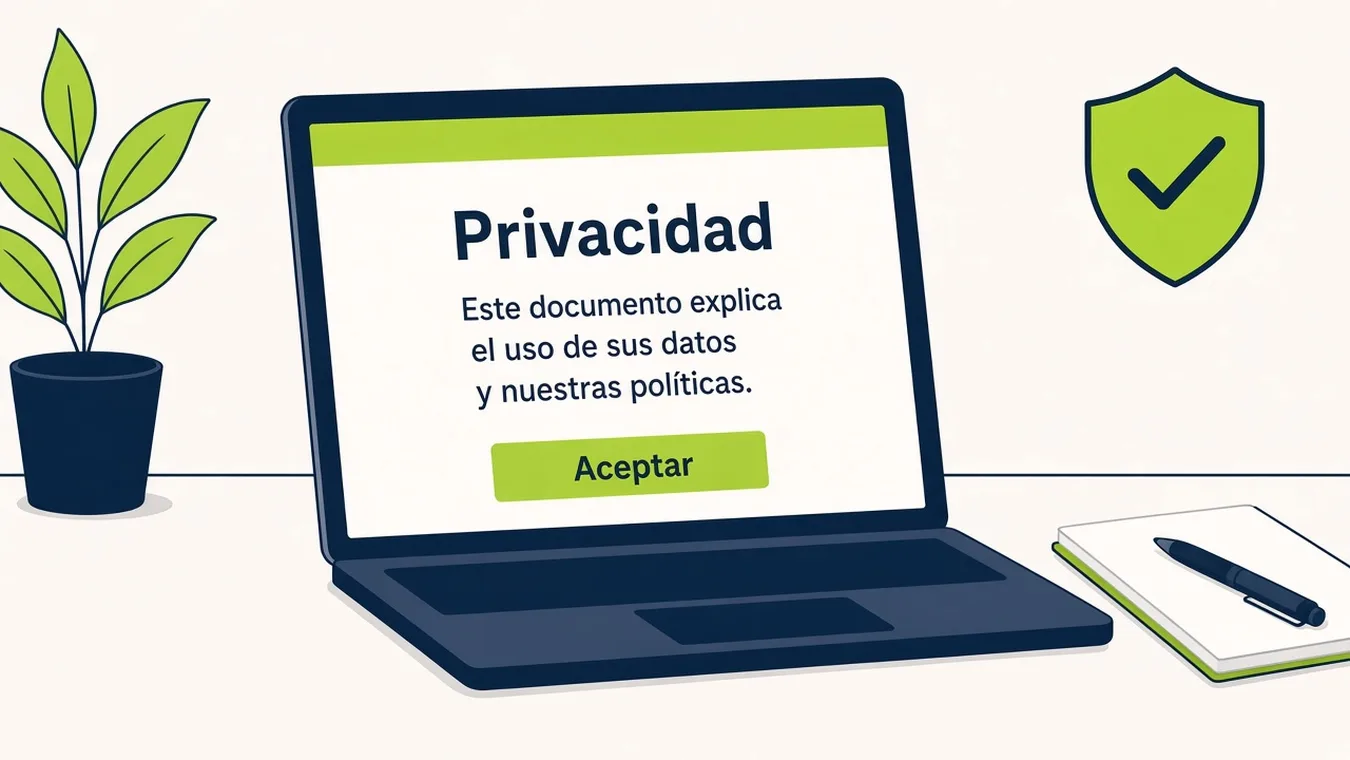 Ilustración de un portátil con una página de privacidad y un escudo de verificación