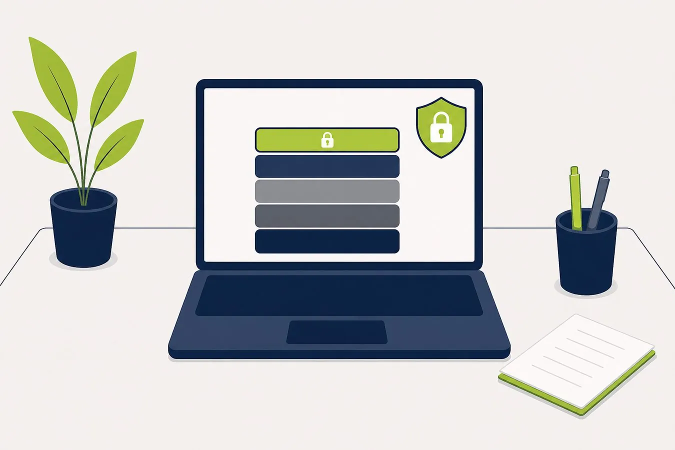 Ilustración de un portátil con capas apiladas y un escudo: modelo de seguridad en PrestaShop