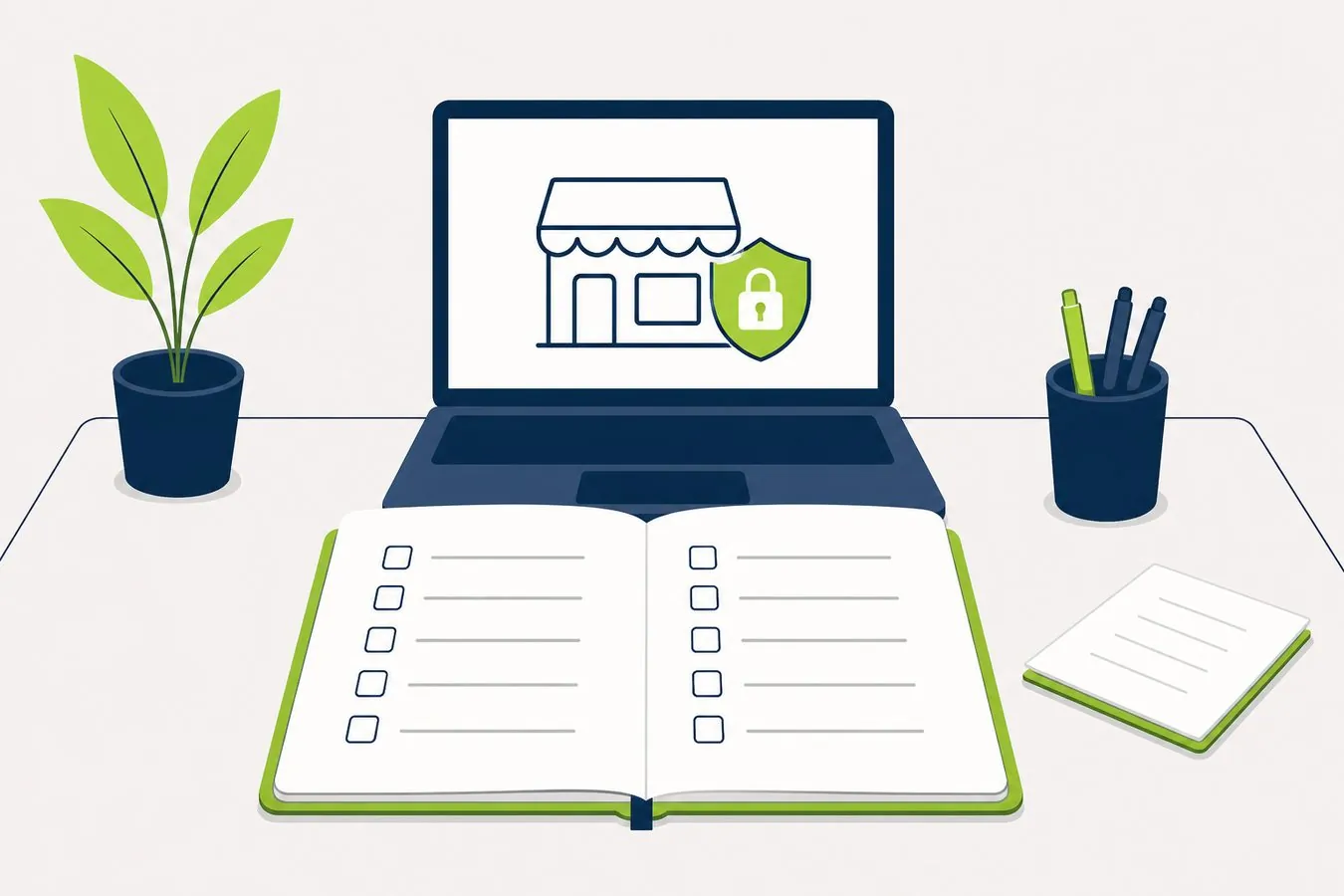 Portátil y bloc con checklist: rutina de seguridad para una tienda PrestaShop