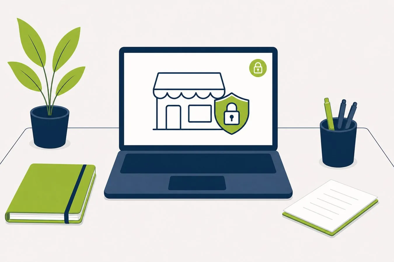 Portátil en un escritorio con icono de tienda y escudo lima: seguridad en PrestaShop