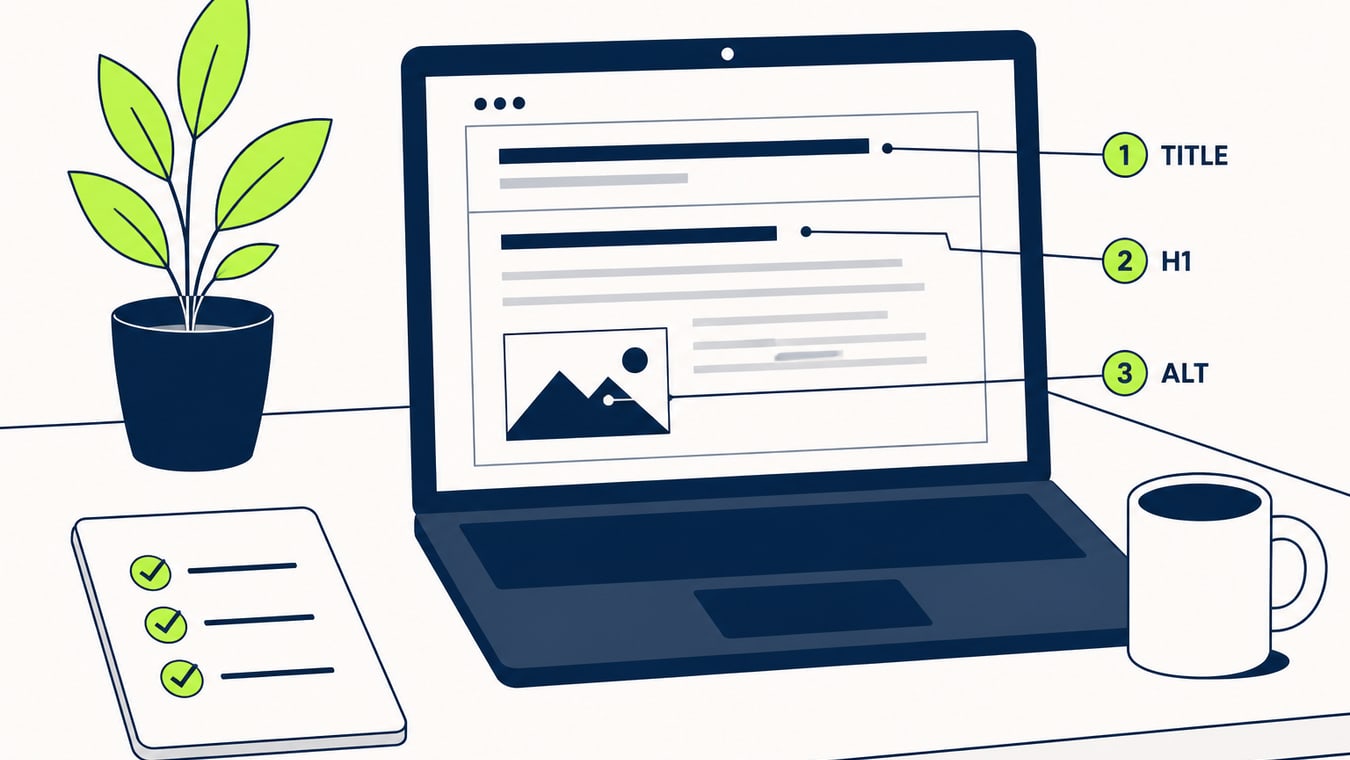 Ilustración de una página web con title, H1 e imagen destacados: elementos clave del SEO on-page