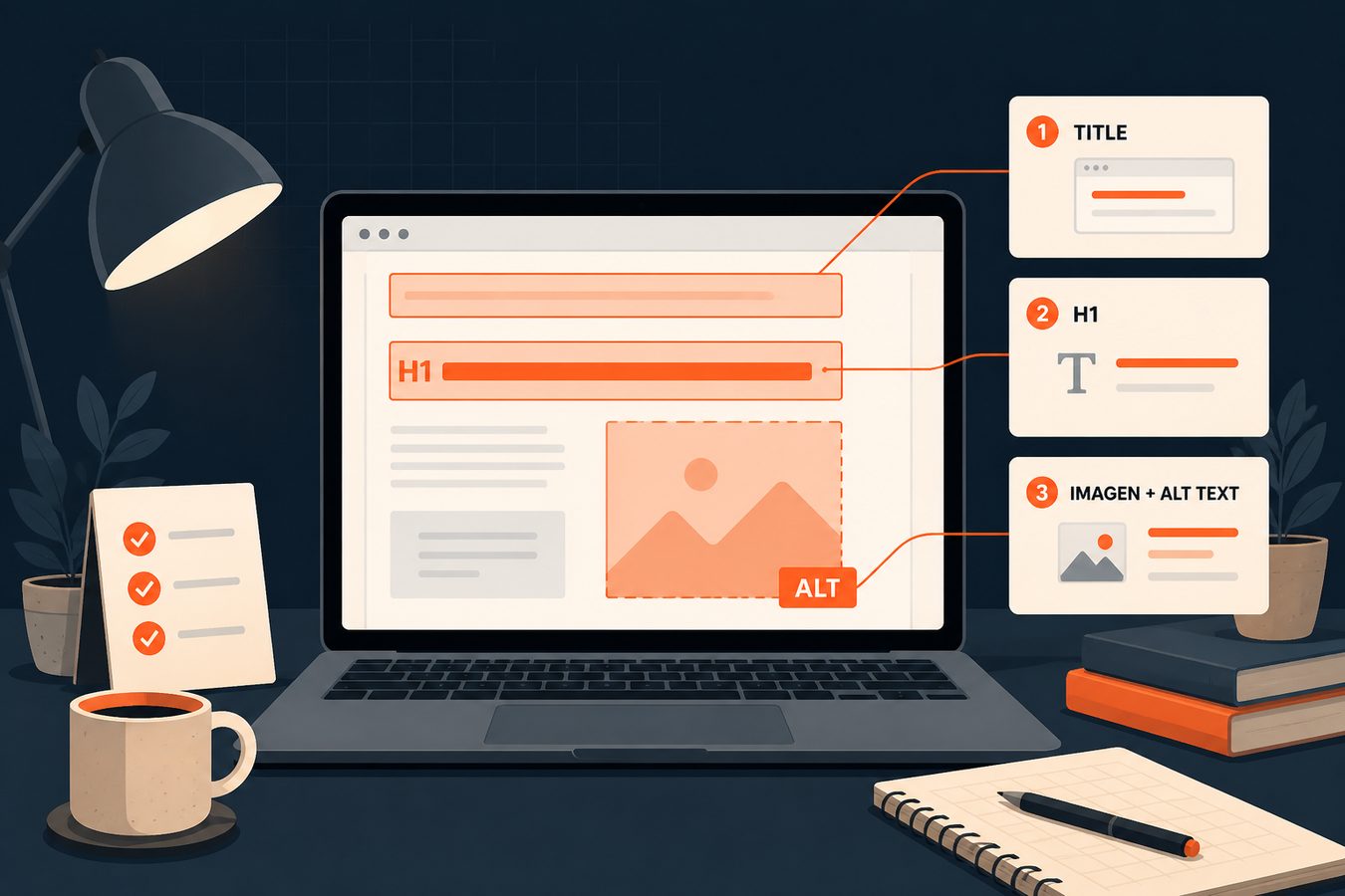 Ilustración de una página web con title, H1 e imagen destacados: elementos clave del SEO on-page