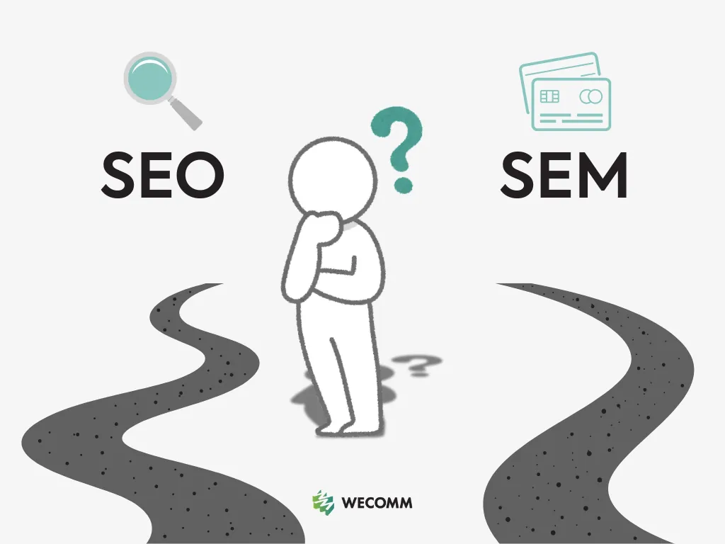 Ilustración esquemática con dos caminos distintos que representan la elección entre SEO y SEM según el momento, los objetivos y los recursos disponibles.