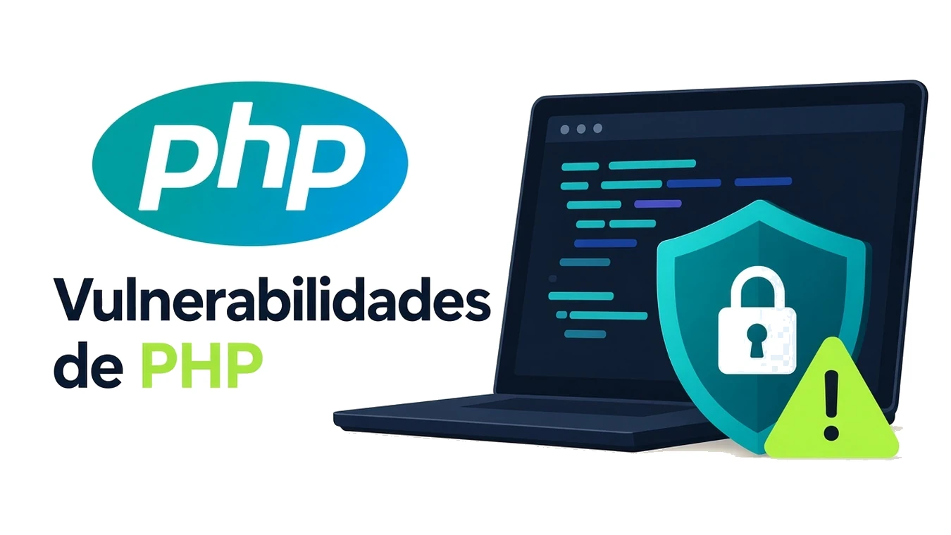 Portada con el logo de PHP, un portátil, un escudo y un aviso: vulnerabilidades de PHP