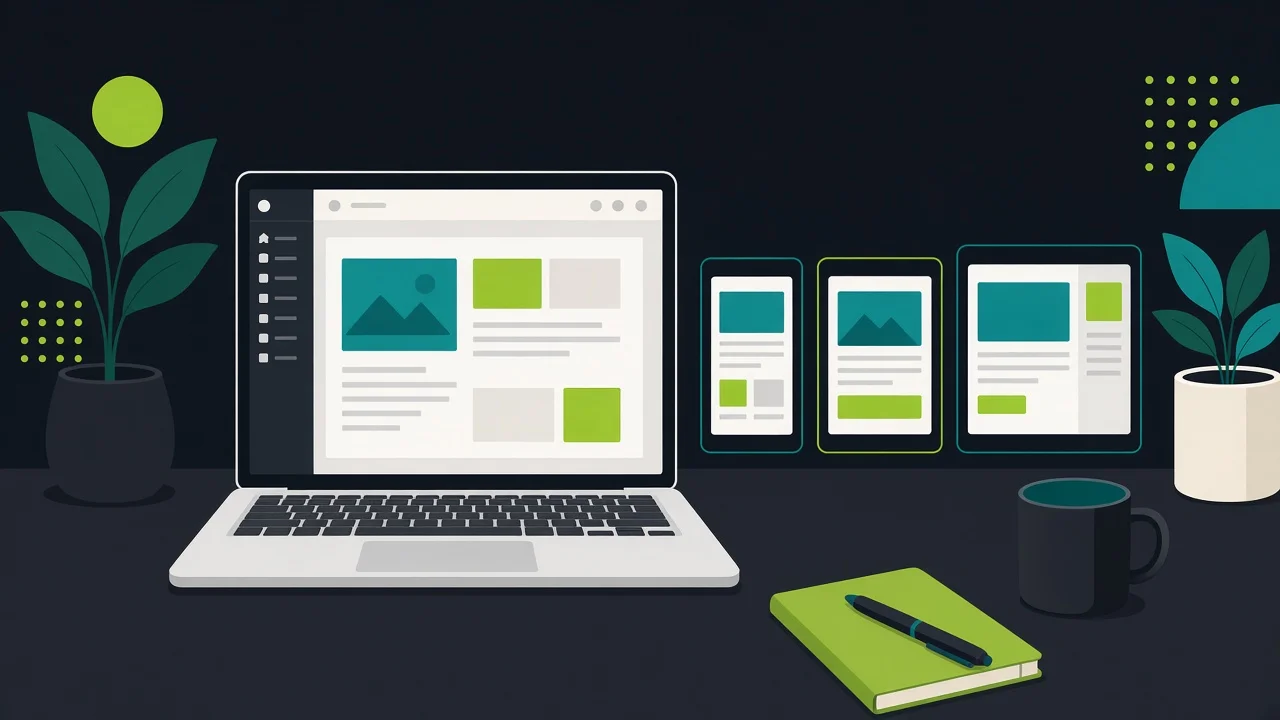 Ilustración de un portátil con el editor de WordPress 7.1 y vistas responsive del diseño