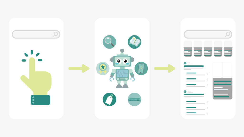 Diagrama de flujo que muestra el proceso del algoritmo de Google: búsqueda del usuario, análisis de señales, y generación de resultados.