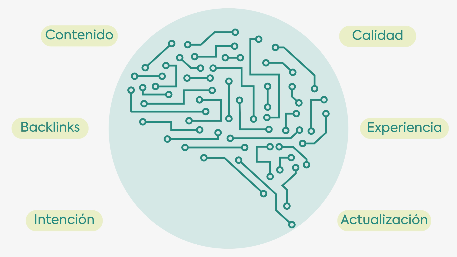 Ilustración conceptual de un cerebro con conexiones digitales que representan el funcionamiento del algoritmo de Google.