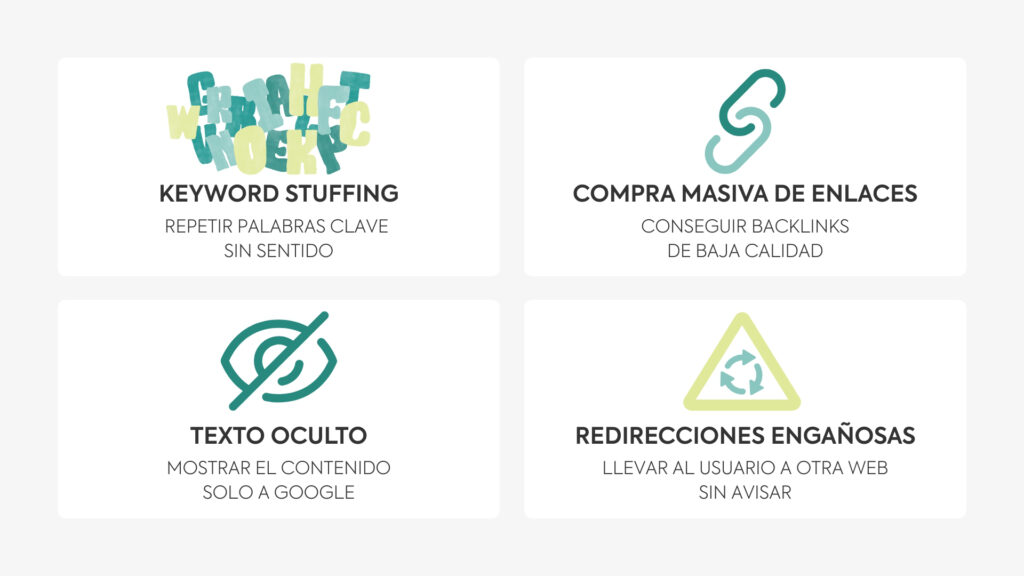 Esquema visual con ejemplos de técnicas de Black Hat SEO como keyword stuffing, enlaces comprados, contenido oculto y redirecciones engañosas.