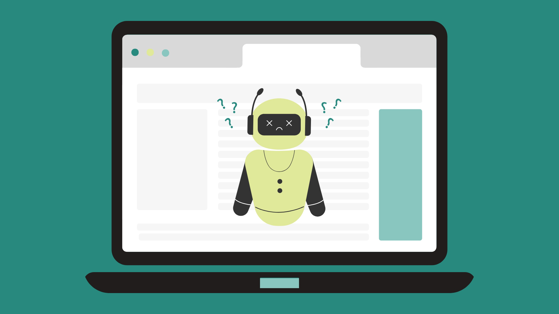 Ilustración de un portátil mostrando una web mientras un robot con expresión enfadada y confundida aparece en el centro.