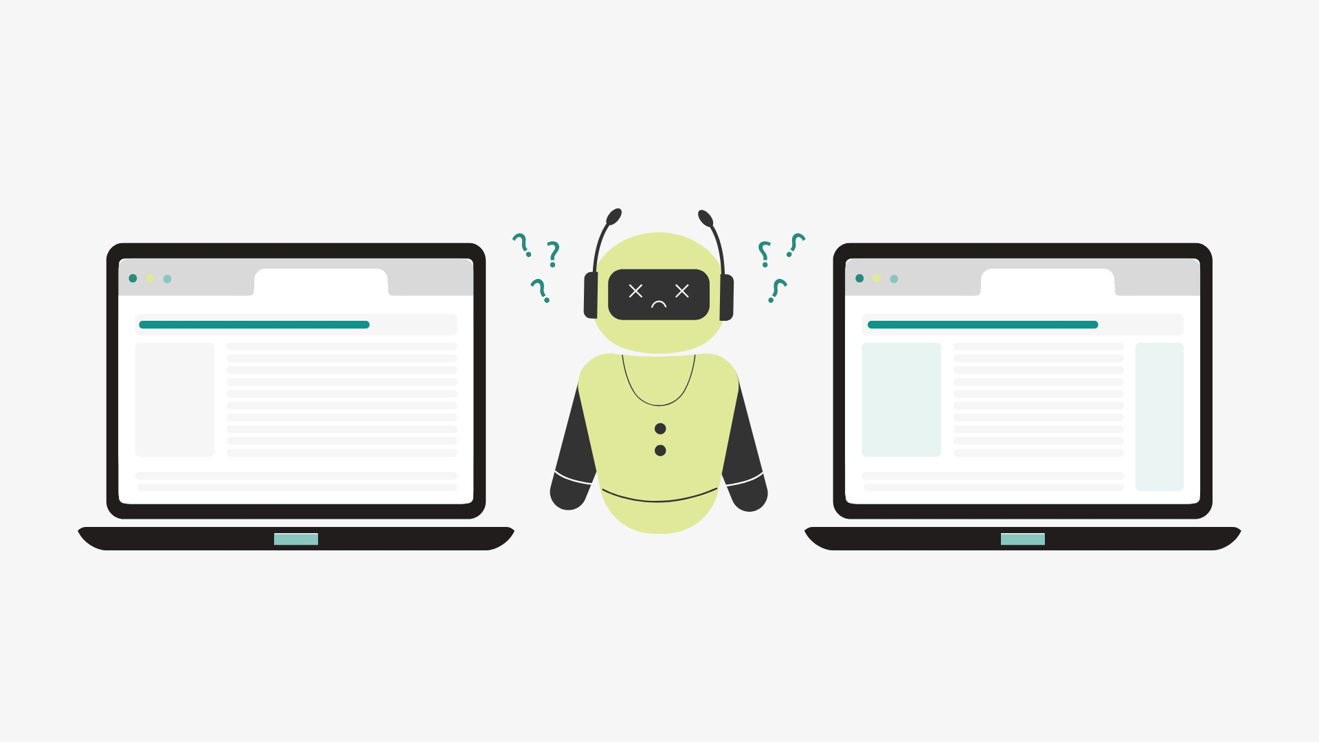 Dos ordenadores con páginas distintas pero el mismo título, representando la canibalización de keywords, con un robot confundido en medio.