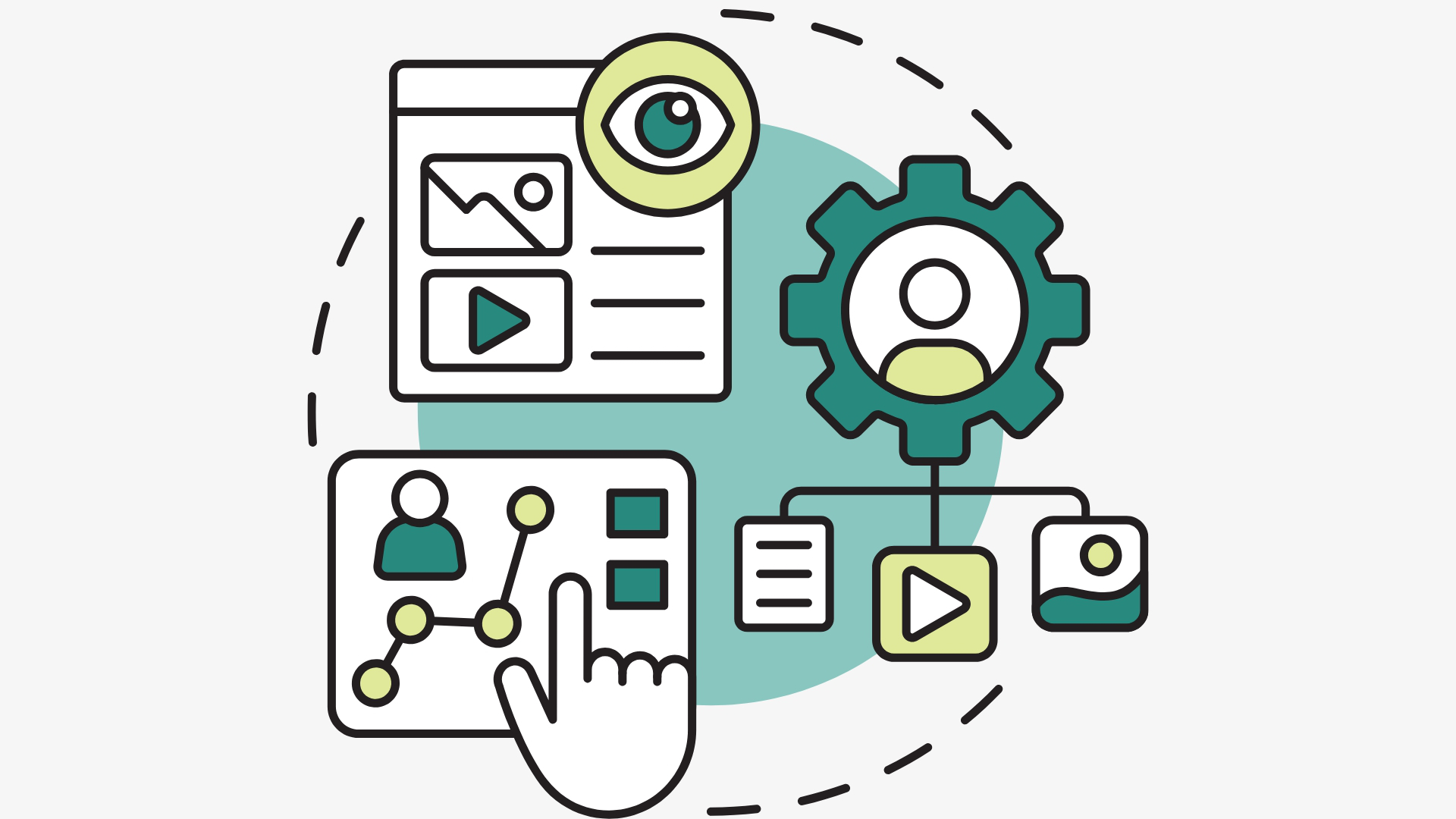 Ilustración de analítica digital con iconos de visualización de contenidos, usuarios, interacciones y datos.