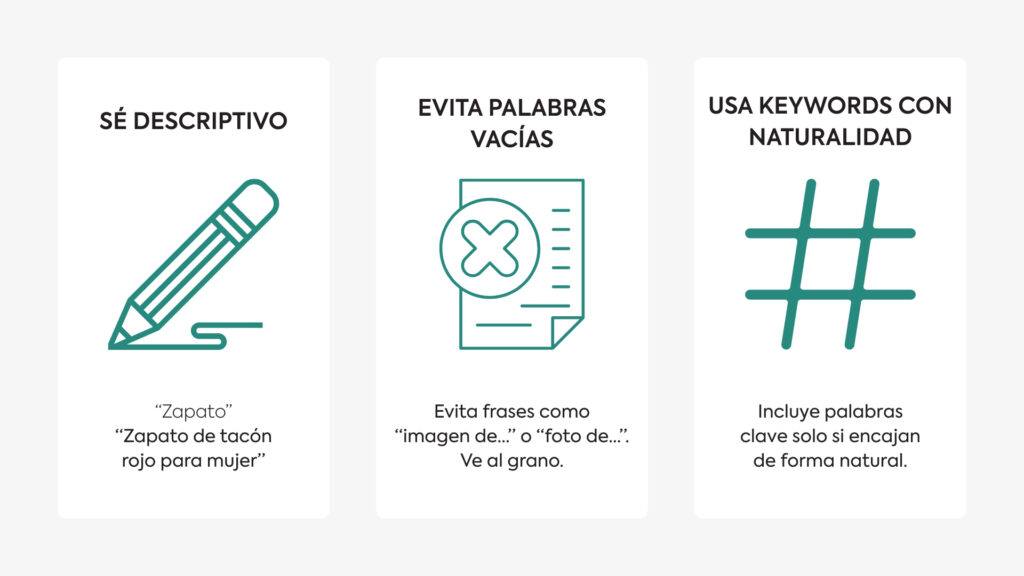Consejos prácticos para redactar atributos alt claros y efectivos en imágenes.