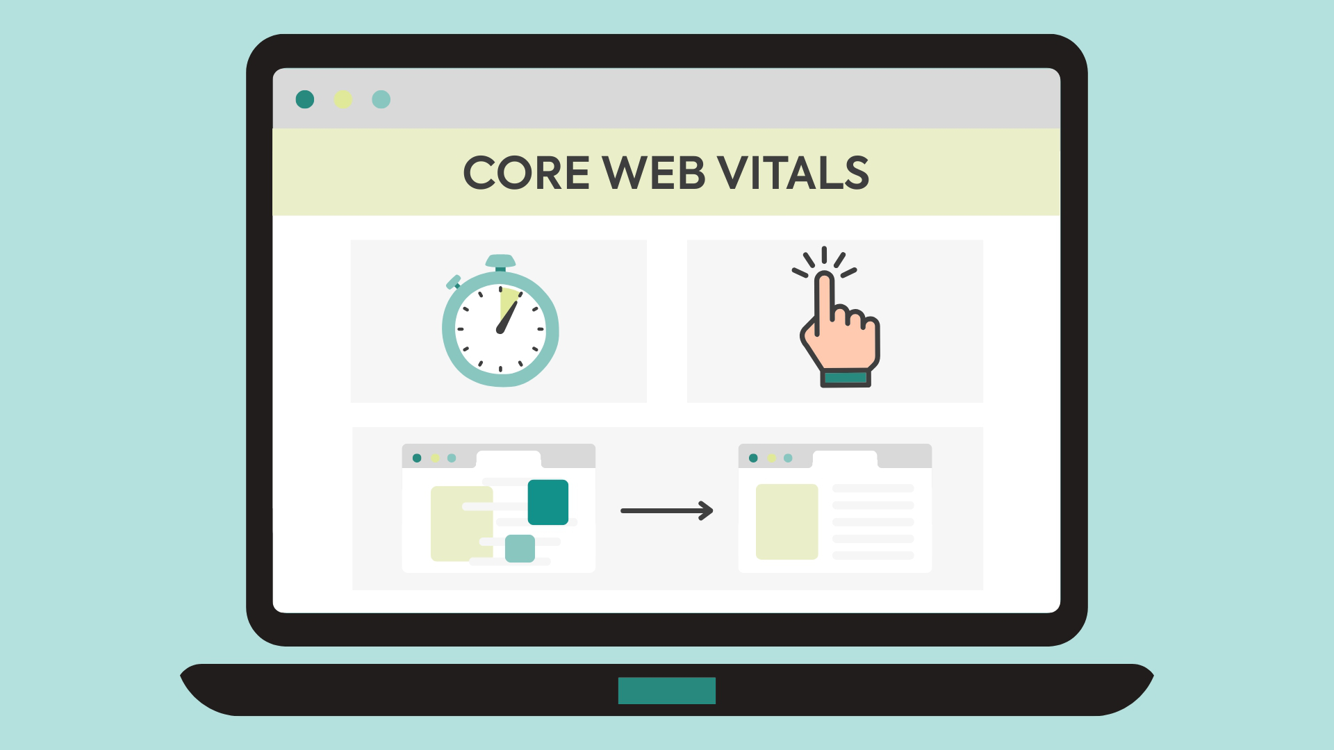 Ilustración de portátil mostrando los tres indicadores principales de Core Web Vitals: velocidad de carga, respuesta al clic y estabilidad visual.