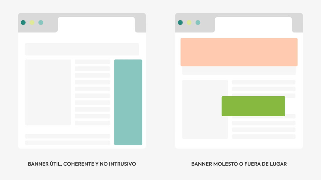 Comparativa visual de un banner bien integrado frente a otro mal implementado dentro de una web.