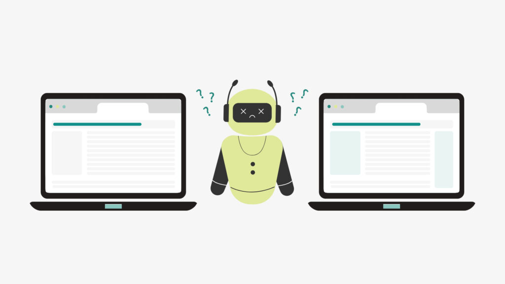 Dos ordenadores con páginas distintas pero el mismo título, representando la canibalización de keywords, con un robot confundido en medio.