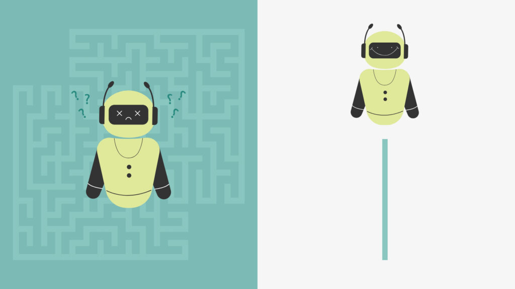Comparación visual de la canibalización de keywords: un laberinto con un robot confundido frente a un camino recto con el mismo robot feliz.