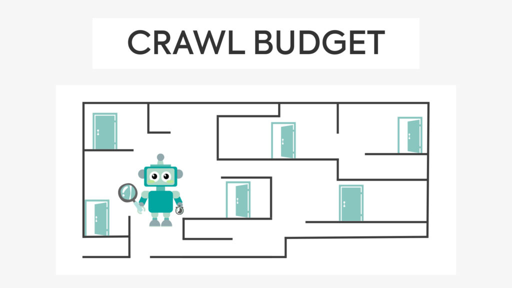 Ilustración de un robot en un laberinto con varias puertas que simboliza cómo Google reparte el Crawl Budget entre las páginas de una web.