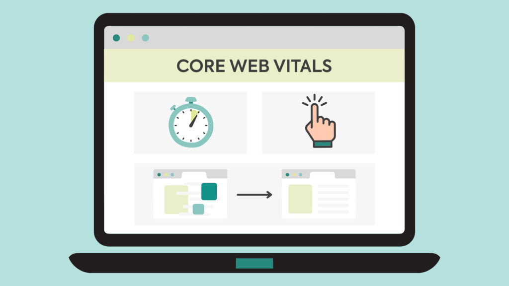 Ilustración de portátil mostrando los tres indicadores principales de Core Web Vitals: velocidad de carga, respuesta al clic y estabilidad visual.