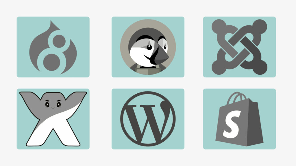 Logos de los CMS más utilizados como WordPress, Shopify, Joomla, Wix, Drupal y PrestaShop